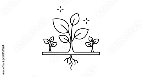 Simple line art icon of a growing plant with visible roots and sparkling leaves symbolizing new life and environmental growth.