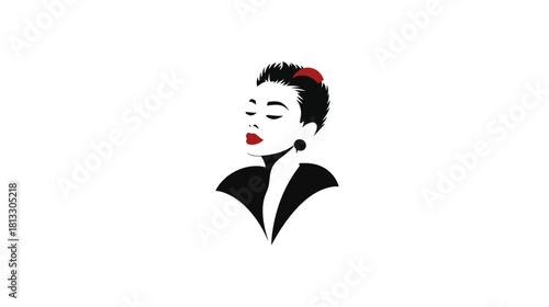 Elegant woman profile illustration with closed eyes, red lips, and a stylish hair accessory. Classic minimalist vector portrait.
