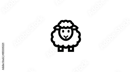 Minimalist black outline icon of a fluffy sheep or lamb standing, facing forward on a white background. Cute farm animal vector graphic.