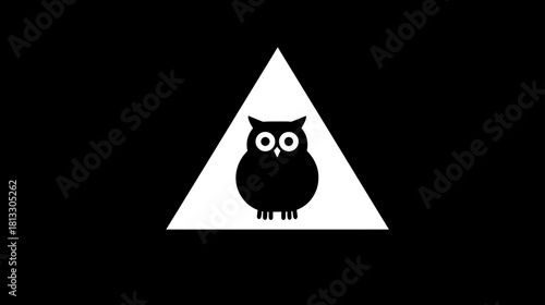 Minimalist black owl silhouette in a white triangle on a black background. Graphic design icon or symbol for wisdom and knowledge.