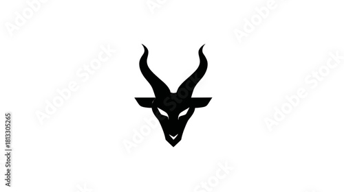 Stylized Black Goat Head Silhouette Icon with Intense Eyes on White Background, Powerful Animal Symbol Vector Graphic Design