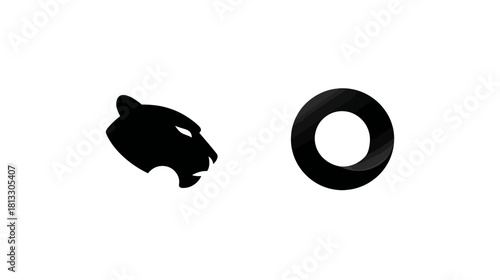 Striking Black Big Cat Head Silhouette and Sleek Abstract Circular Design Element on White Background