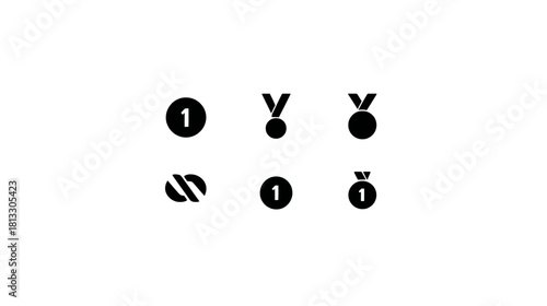 Set of minimalist black icons representing first place, success, medals, and achievement. Winner and number one graphic elements.
