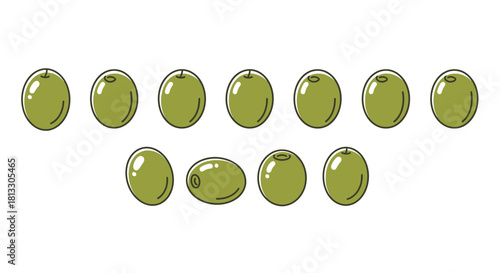 Green olive icon set isolated on white background with different olive shapes