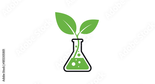 Green plant with two leaves growing out of a bubbling laboratory flask symbolizing biotechnology and environmental science.