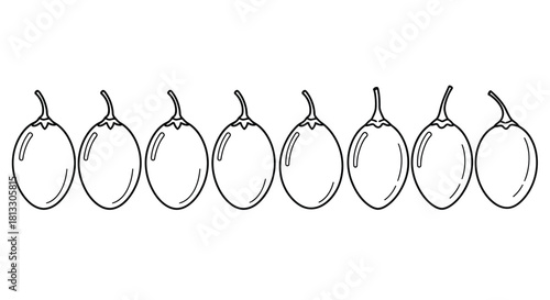 Row of tamarillo fruits isolated on white background in black and white