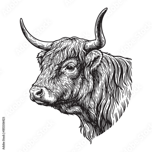 Highland Cattle Bull Head Engraving Vector Illustration
