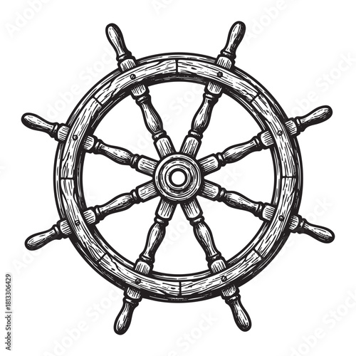 Vintage Wooden Ship Steering Wheel Engraving Vector Illustration