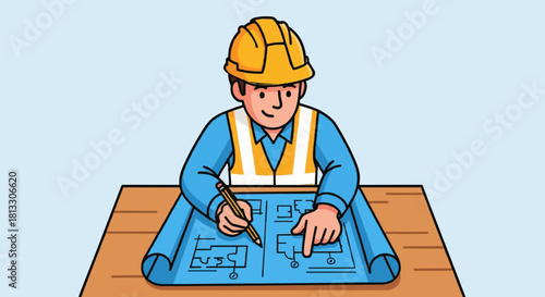 Cartoon construction worker reviewing blueprints on table flat vector.