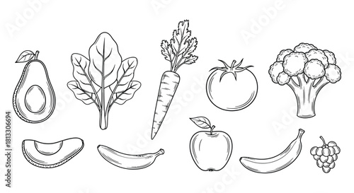 Hand drawn sketch of fruits and vegetables isolated on white background