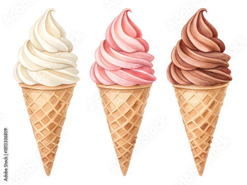 Three watercolor soft serve ice creams in cones isolated on a transparent background