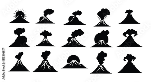 A collection of volcano silhouettes displaying varying stages of eruption