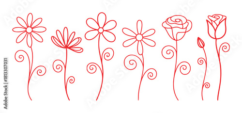 A collection of simple red line art flowers with swirling stems on a white background