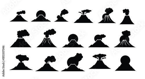 A collection of volcano silhouettes displaying varying stages of eruption