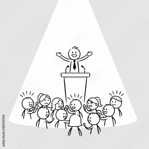 A cartoon illustration depicts a speaker at a podium addressing a crowd of excited people, illuminated by a spotlight.