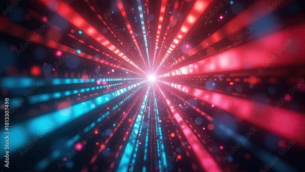 Naklejka premium Glowing lights emanate from a central source, forming luminous streaks with shades of red and blue, creating a vibrant, dynamic visual composition with a sense of forward motion and depth.