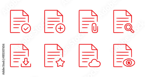 Set of Red Document Icons with Various Actions and Symbols