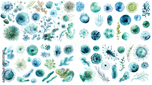 A vibrant watercolor collection of microorganisms and cells featuring abstract bacteria, spores, algae, and organic shapes in soft blue and green scientific textures.