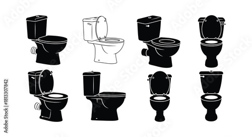 Black and white illustrations depicting a variety of toilet designs and styles