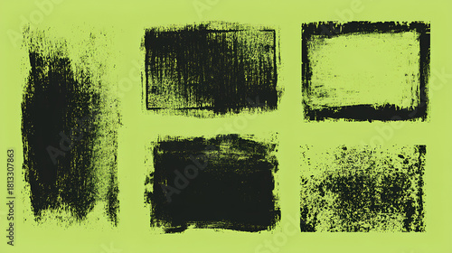 Black linocut stamp textures on acid green background. Handmade ink roller texture set with rough edges and aged effect. Grange urban backgrounds. Street art distress overlay. Lino ink block printing.