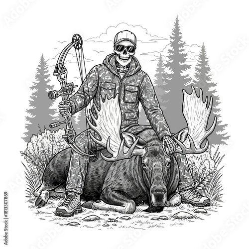 drawing of a skeleton bow hunter with sunglasses posing with a huge harvested moose