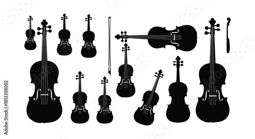 Silhouettes of various stringed instruments including violins and cellos