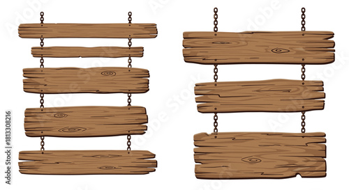 Set of old weathered wooden signs hanging from rustic metal chains perfect for western or fantasy-themed signs and banners.