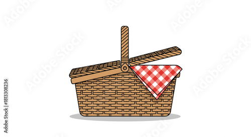 Classic wicker picnic basket with an open lid and a red and white checkered napkin for outdoor dining and summer outings.