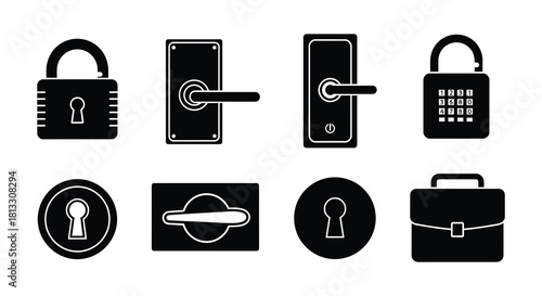 Collection of black padlock doorknob briefcase and keyhole icons
