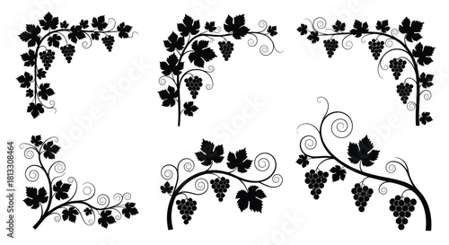 Collection of decorative black silhouette grapevine corner elements with leaves and grapes for elegant frames and design borders.