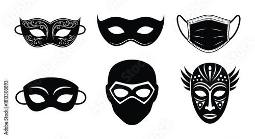 A collection of various black masks and face coverings displayed in a grid