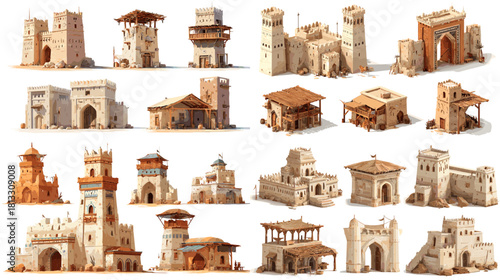 A detailed collection of ancient desert buildings featuring stone towers, gates, fortresses, and traditional Middle Eastern architecture in warm earthy tones.