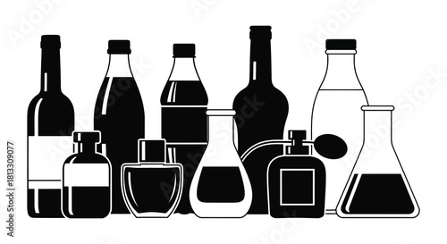 A collection of black and white silhouettes of bottles and glassware