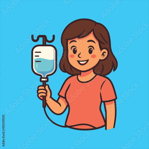 Cheerful Patient Holding IV Drip Bag Smiling with Optimism and Hope.