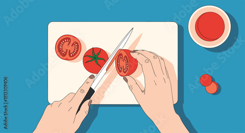 Top-down illustration of hands slicing fresh red tomatoes on a cutting board a scene of healthy cooking and food preparation.