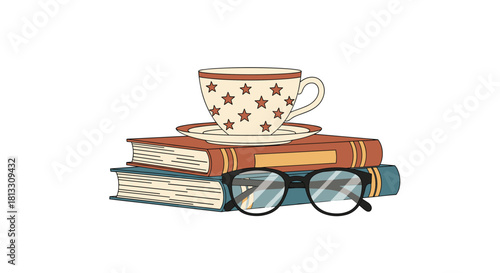 Cozy retro-style illustration of a star-patterned teacup on a stack of books with glasses perfect for a reading or study theme.