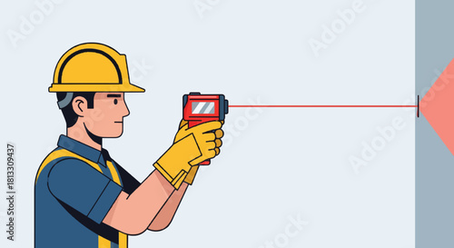 Cartoon construction worker using laser distance meter flat vector.