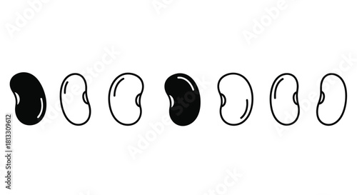 Seven bean seeds in a row isolated on white background, vector illustration