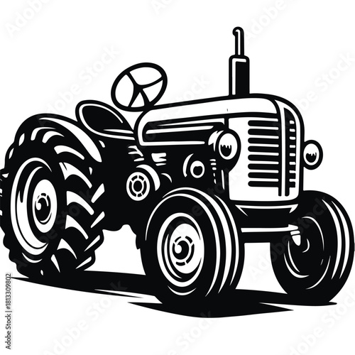 Classic Black and White Farm Tractor Silhouette Vector Illustration