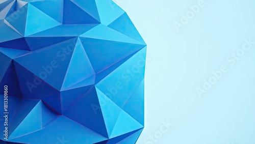 Abstract design showcases a geometric composition featuring a blue, multifaceted form with a complex arrangement of triangular facets against a light blue backdrop, creating a modern, minimalist...