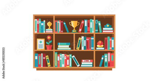 A colorful flat design illustration of a wooden bookshelf filled with books trophies and a potted plant for educational themes.
