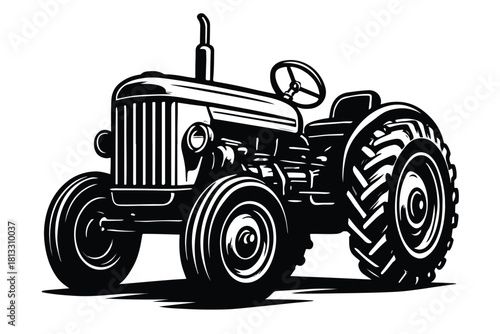 Classic Black and White Farm Tractor Silhouette Vector Illustration