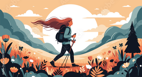 Illustration of a woman with a backpack and hiking poles trekking through a scenic mountain landscape filled with flowers.