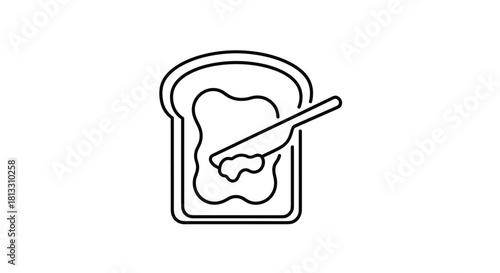 A simple black outline icon of a knife spreading jam or butter on a slice of bread for a breakfast or snack concept.