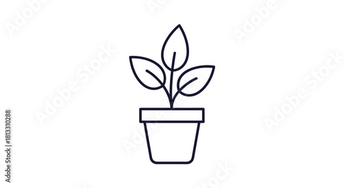 Minimalist black outline icon of a small plant with three leaves growing in a pot representing houseplants and gardening.