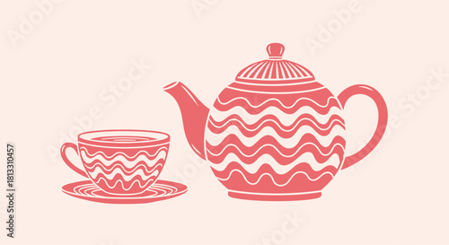 A charming silhouette of a teapot and a teacup with a wavy pattern a lovely design for a tea party or cafe menu.