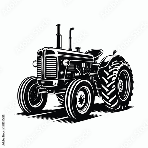 Classic Black and White Farm Tractor Silhouette Vector Illustration