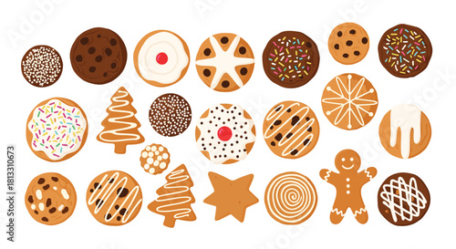 Large set of festive Christmas cookies including gingerbread men decorated with frosting and sprinkles for holiday celebrations.