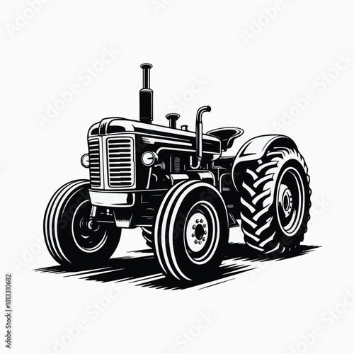 Classic Black and White Farm Tractor Silhouette Vector Illustration