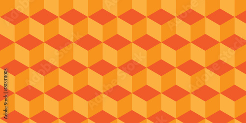 Red and orange cube seamless creative pattern. paper cubes decoration triangle wall and wallpaper. textile vector square tile, mosaic endless repeat hexagon block texture background.	
